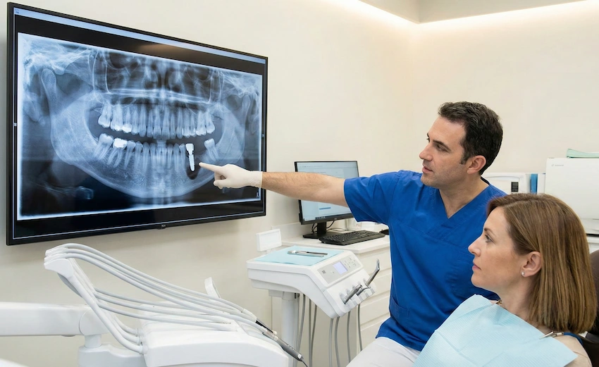 dentist explaining dental implant xray to patient