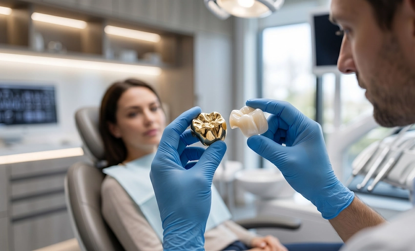 dentist comparing gold and zirconia crowns consultation