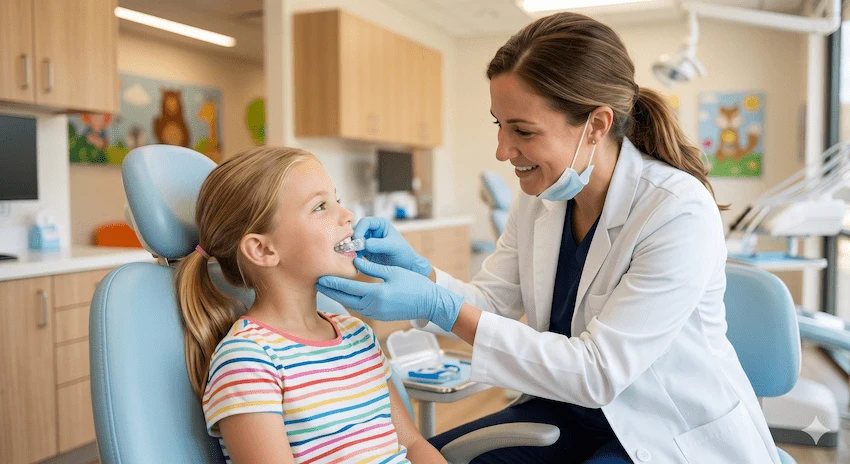 pediatric dentist fitting clear aligners for child