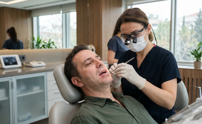 dentist examining male patient dry mouth symptoms lema dental clinic turkey